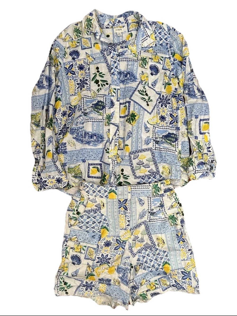 J Crew Linen Blend Patchwork Set Womens Medium Collared Shirt and 0 Shorts Beach